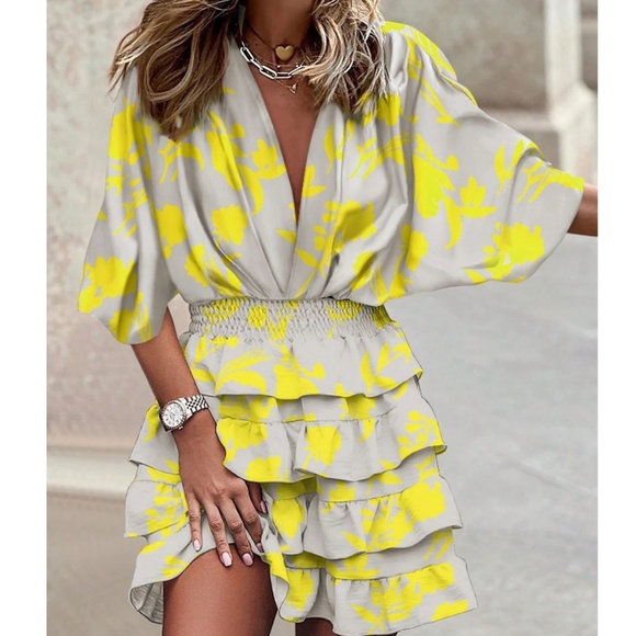 Boho Floral Print Batwing Sleeve Ruffle Tiered Mini Dress
